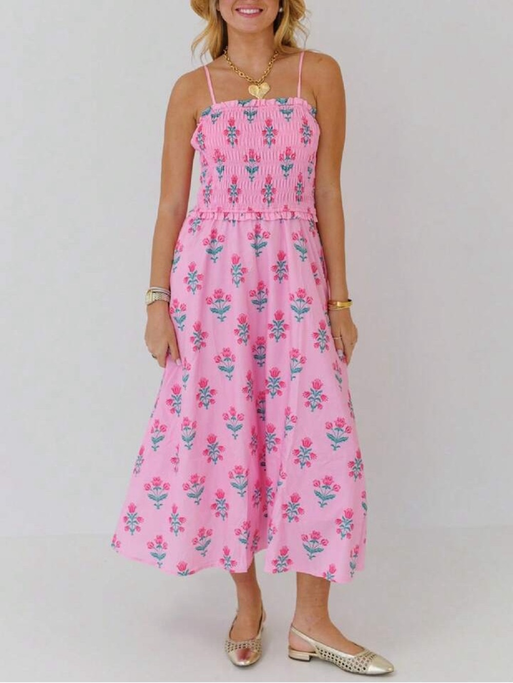SHEIN Pink Floral Smocked Midi Dress